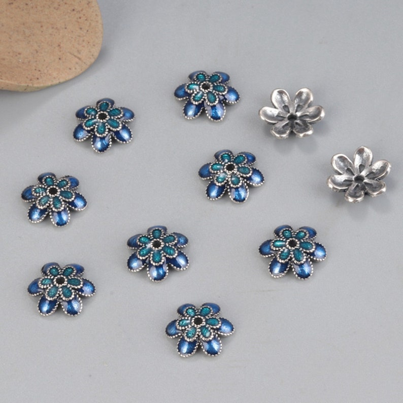 Sterling Zilver Emaille Bloem Kraal Caps, 9mm Kralen Caps, S925 Zilveren Floral Bead Caps Voor Sieraden Making Supplies, Bulk Spacer Kralen Caps afbeelding 3