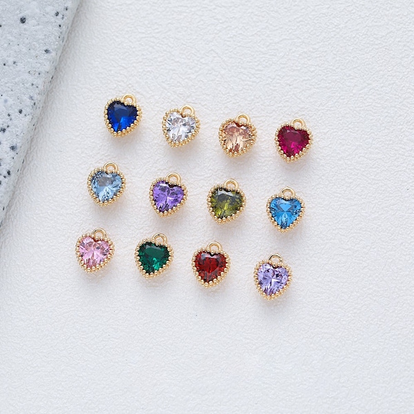 14K Gold Plated Birthstone Heart Charm, Gold Tone CZ Love Heart Charms For Jewelry Making, Necklace Charm, Bracelet Charm, Earring Charm