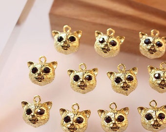 18K Gold Plated Cat Head Charm, CZ Jewelry Making Supply