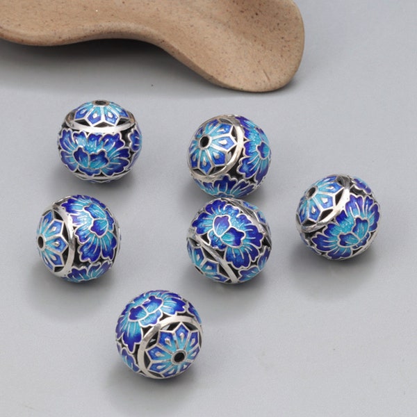 Sterling Silver Lotus Flower Round Bead, Cloisonne Enamel beads, Necklace Bead, 925 Silver Ball Bead, Vintage Spacer, Jewelry Making Bead