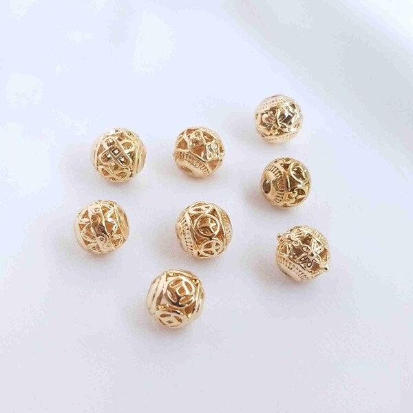 10pcs 14K Gold Plated Round Beads, Gold Tone Good Fortune Beads, Gold Round Bracelet Beads 8mm Knot Butterfly Cloud Spacer