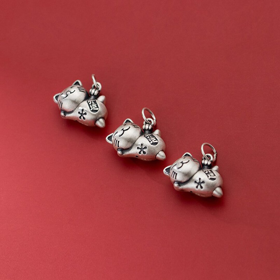 Sterling Silver Lucky Cat Charm Pendant Fortune Cat Bracelet Etsy