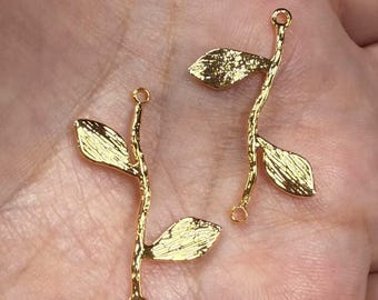 14K Gold Plated Leaf Connector Charm, Copper Plant Pendant