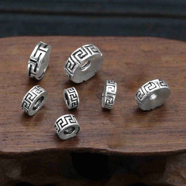 Sterling Silver Greek Key Bead, Eyelash Bead, Silver Mala Bead, Pony Beads, Religions Bead, Tribal Bead, 5.5mm 6mm 8mm 10mm 12mm