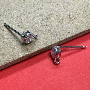 s925 Silver CZ Round Earring Posts w/ Loop, Sterling Silver Post Earring, Ear Stud Earring, CZ Round Earrings, Ear Post, Earring Component