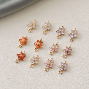 Gold Plated CZ Flower Connector Charm, Gold Tone Birthstone Flower Charms For Jewelry Making Supplies, Five Petal Flower Charm,Earring Charm