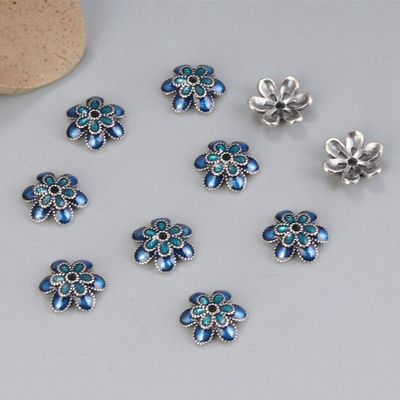 Sterling Zilver Emaille Bloem Kraal Caps, 9mm Kralen Caps, S925 Zilveren Floral Bead Caps Voor Sieraden Making Supplies, Bulk Spacer Kralen Caps afbeelding 4