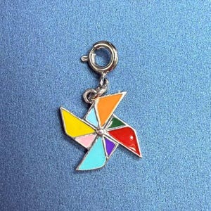 Sterling Silver Enamel Windmill Clip On Charm, 925 Silver Wind Clip Charms, Pinwheel Charm w/Clip On Spring Ring Clasp, Windmill Charm