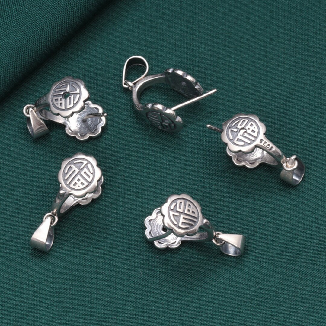 Sterling Silver Pinch Bails, Silver Flower Pinch Bail W/ Character FU