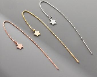 Sterling Silver Box Chain Ear Threads w/ Star Charm, 925 Silver Ear Wire Threader, Tarnish Free Ear Threader 90mm