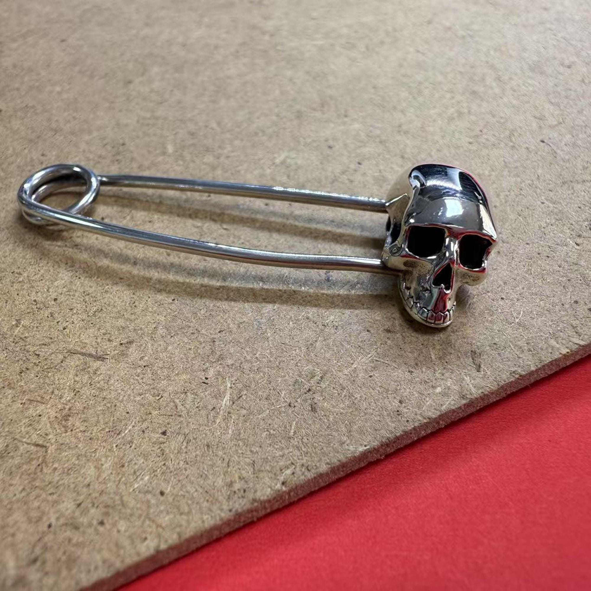 Sterling Silver Skull Safety Pin Pendant, Skull Safety Pin Charms