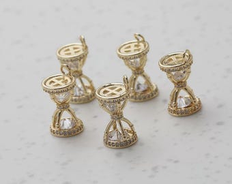 14K Gold Plated Hourglass Charm Pendant, Zircon Sand Timer (10.1*16.4mm)