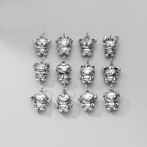 925 sterling silver Twelve Zodiac, Rat, ox, tiger, rabbit, dragon, snake, horse, sheep, monkey, rooster, dog, pig silver charm