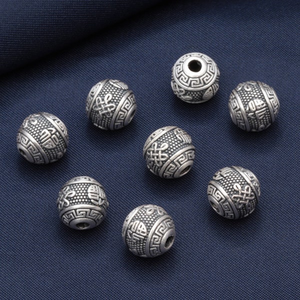 Perle ronde de noeud d’argent sterling, perles d’espacement FU Fortune en argent 925, perle d’espacement ronde à clé grecque argentée, perle de bracelet, perle de collier