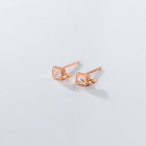 s925 Silver CZ Square Earring Posts w/ Loop, Sterling Silver Post Earring, Ear Stud Earring, CZ Square Earrings, Ear Post, Earring Component
