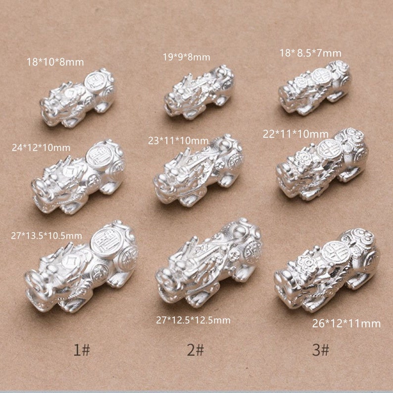 Op de afbeelding: Negen zilveren Chinese drakencharms in verschillende maten. Elke charme heeft ingewikkelde details en een muntontwerp. De charmes zijn gelabeld met hun afmetingen in millimeters.