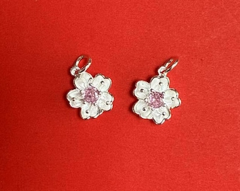 Sterling Silver Pink Sakura Flower Charm, CZ Floral Pendant
