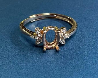 Montura ovalada de plata de ley, diseño de hoja, banda ajustable (5 x 7 mm, 6 x 8 mm, 7 x 9 mm)