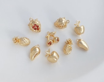 14K Gold Plated Brass CZ Fruit Charm Pendant, Strawberry Bracelet, Apple Necklace, Mango Earring,Summer Jewelry,Pineapple Charm,durian Charm