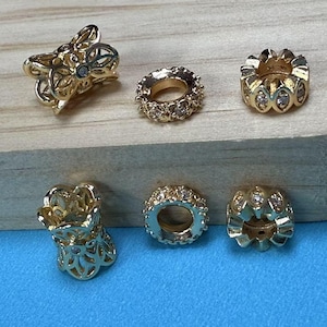 14K Gold Plated CZ Crown Bead, Gold Tone Wheel Bead, Donut Bead, Flower Bead, Gear Bead, Spiral Tube, Large Hole Spacer, Bracelet Beads