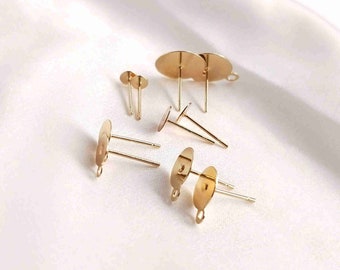 10pairs 14K Gold Plated Earring Posts w/ Flat Back 4mm 6mm 8mm 12mm, Gold Tone Earring Post Ear Stud w/ Loop, Flat Pad, Stud Earrings