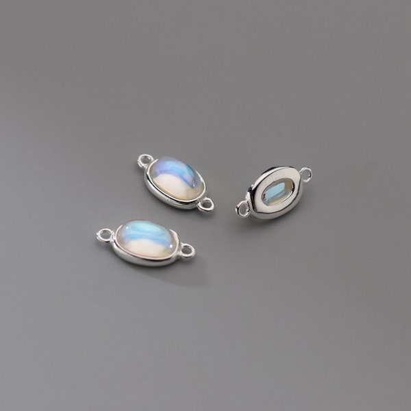 Sterling Silver Moonstone Synthetic Glaze Links, s925 Silver Oval Moonstone Connector Charms For Jewelry Making Supplies, Bracelet Connector