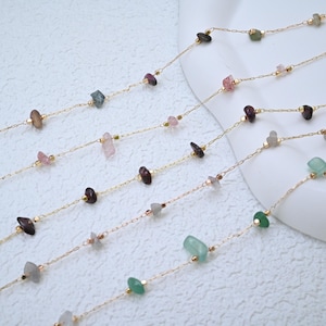 Raw Gemstone Beaded Necklace, Dainty Gold Chain Necklace, Colorful Crystal Jewelry