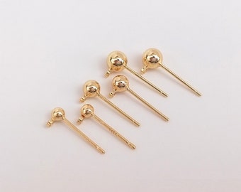 14K Gold Plated Ball Bead Earring Posts w/ Loop, Gold Tone Earring Post Ear Stud no Stopper, Ball Bead Ear Stud, Earring Post