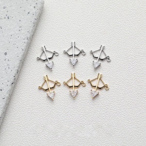 14K Gold Plated CZ Bow and Arrow Charm, Gold Tone Archery Charm for Jewelry Making Supplies, Sports Charm, Necklace Charm,Bracelet Charm DIY