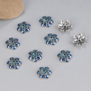 Sterling Silver Enamel Flower Bead Caps, 9mm Bead Caps, s925 Silver Floral Bead Caps For Jewelry Making Supplies, Bulk Spacer Beads Caps