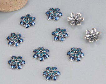 Sterling Silver Enamel Flower Bead Caps, 9mm Bead Caps, s925 Silver Floral Bead Caps For Jewelry Making Supplies, Bulk Spacer Beads Caps