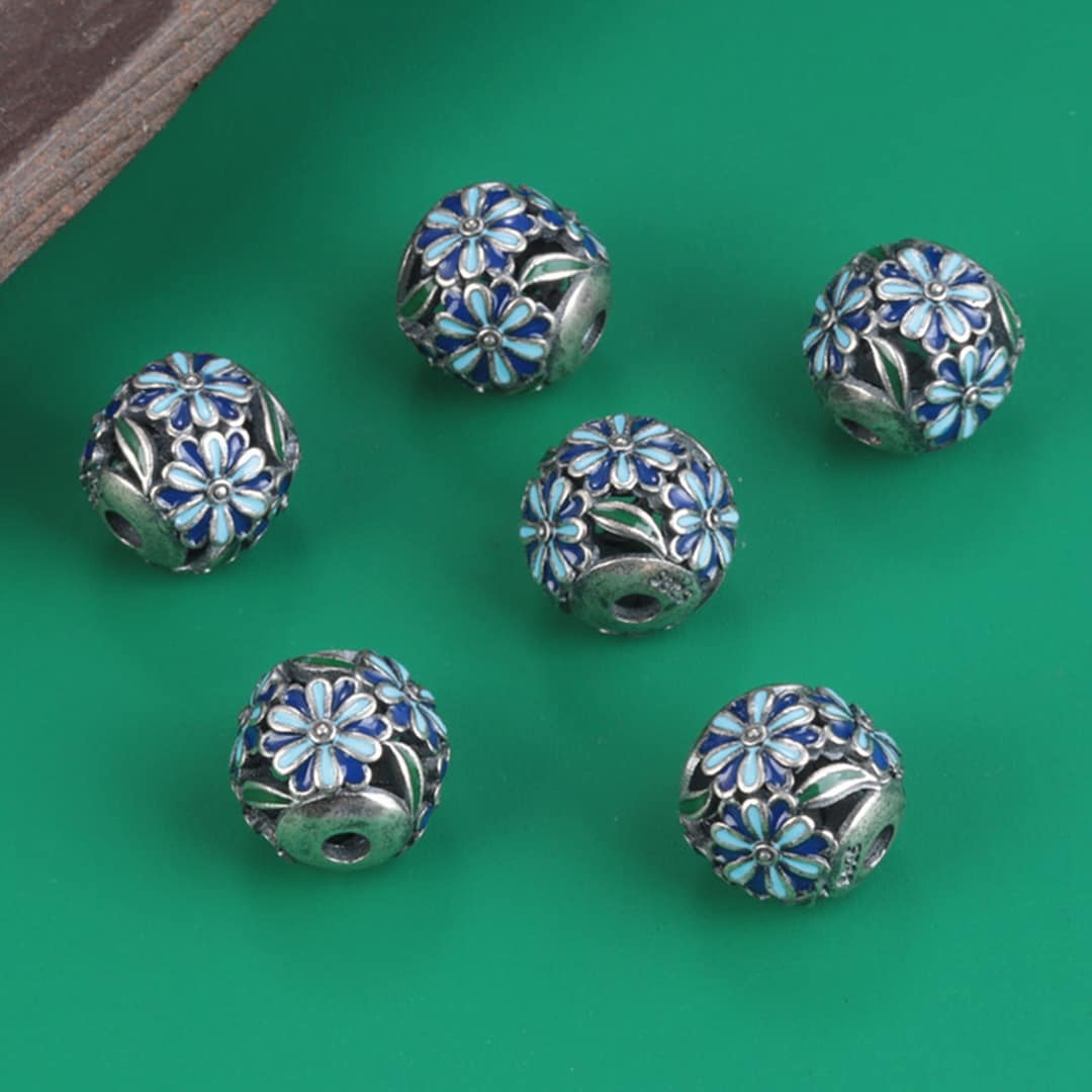 Sterling Silver Enamel Flower Beads, Floral Bead, Blossom Bead