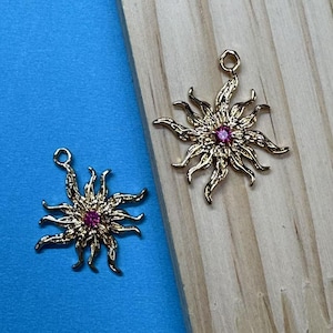 Gold Plated Sun Charm w/ CZ Rose Gold Zircon, Gold Tone Sunshine Charm for Jewelry Making, Sun Charm, Necklace Charms, Earring Charms DIY