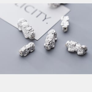 Op de afbeelding: Zes zilverkleurige leeuwencharms met ingewikkelde details en Chinese karakters. De charms liggen verspreid op een grijs oppervlak.