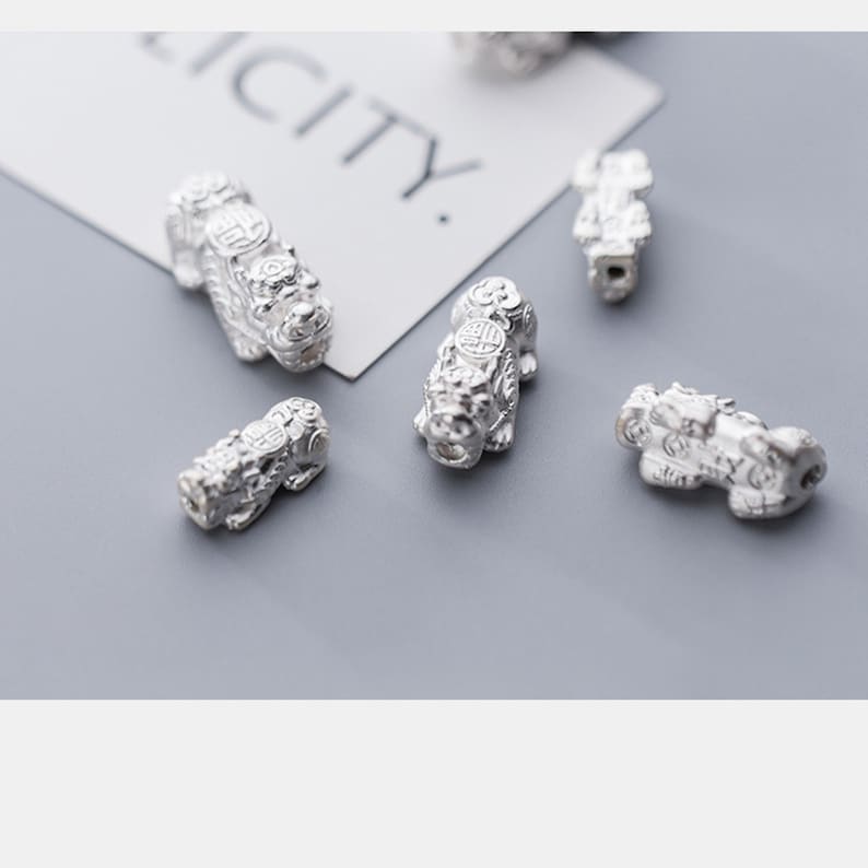 Op de afbeelding: Zes zilverkleurige leeuwencharms met ingewikkelde details en Chinese karakters. De charms liggen verspreid op een grijs oppervlak.