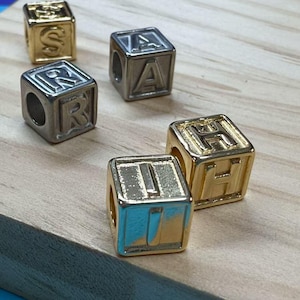 Gold Plated Stainless Steel Alphabet Beads W/ Through Hole, Relief Letter Bead,Square Bead, Monogram Bead, Name Bead Spacer, Uppercase Bead