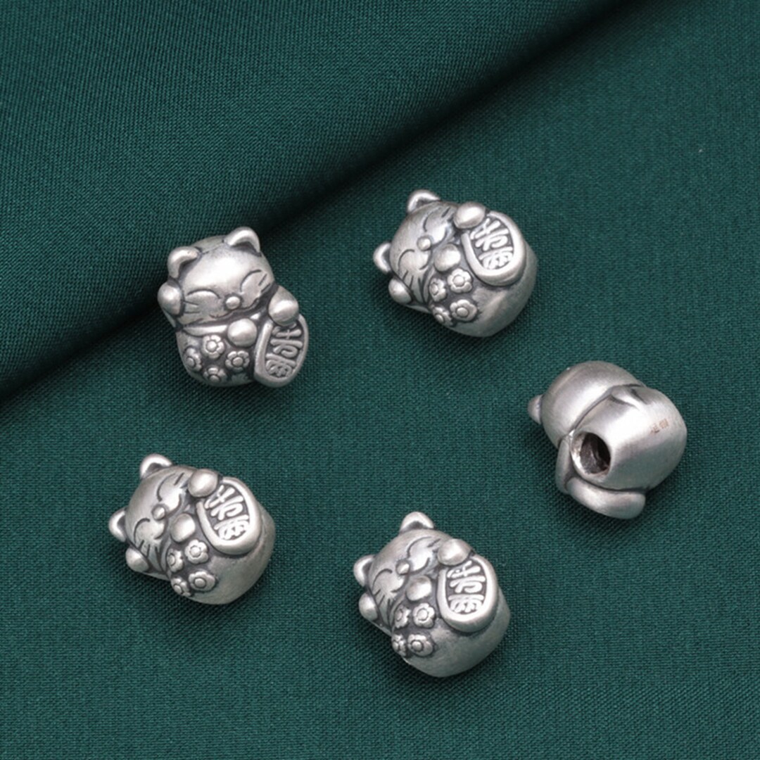 Sterling Silver Lucky Cat Beads, Manekineko Bead, Fortune Cat Bead, Wealth Cat Bead, Bracelet