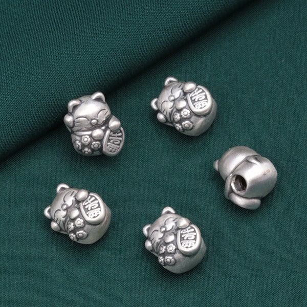 Sterling Silver Lucky Cat Beads, Maneki-neko Bead, Fortune Cat Bead, Wealth Cat Bead, Bracelet Spacer, Beckoning Cat Bead, Japanese Bead