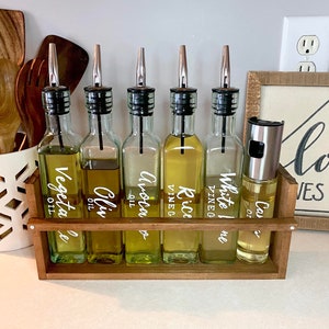 Oil Bottles and Caddy | Oil Bottle Holder | Set of Bottles | Custom | Olive Oil | Vinegar | Avocado Oil | Vegetable Oil | Hand painted