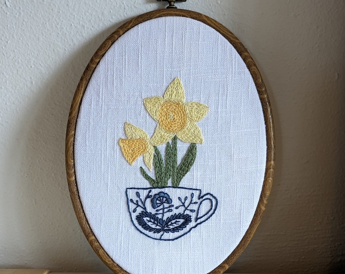 Hand embroidered daffodil hoop art