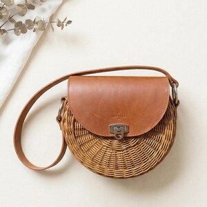 Vlasta Model Rattan Wicker Bag, Half-Round Artisan Handbag with Leather Details