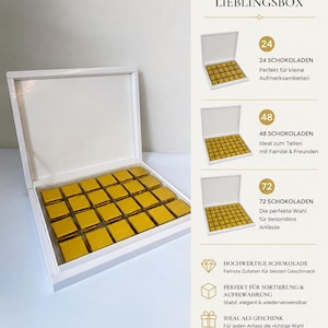 Könnte beinhalten: Eine weiße rechteckige Schachtel mit vierundzwanzig quadratischen, goldfolierten Schokoladen. Das Bild zeigt Textoptionen für 24, 48 und 72 Schokoladen sowie Symbole für Qualität, Aufbewahrung, Geschenkverpackung und die Herkunft aus Deutschland.