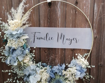 Wedding gift, door wreath, dry wreath, hoop, boho wreath, dried flower wreath personalized, wedding, birth, baptism, gift,