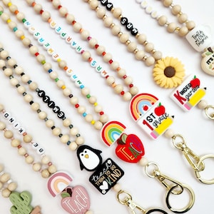 Personalized Teacher Lanyard: Wood Bead ID Badge Holder with Charm - Teacher Appreciation Gift