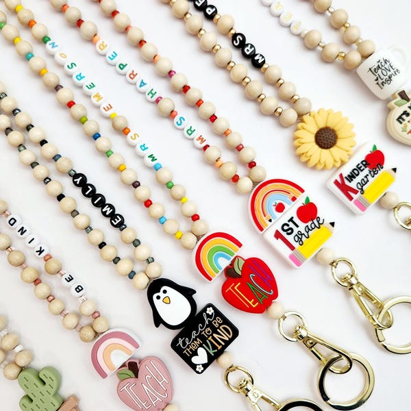 Personalized Teacher Lanyard: Wood Bead ID Badge Holder with Charm - Teacher Appreciation Gift