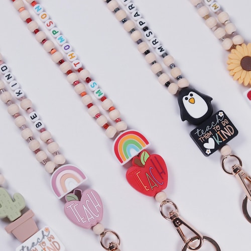Personalized Teacher Lanyard: Wood Bead ID Badge Holder with Charm - Teacher Appreciation Gift