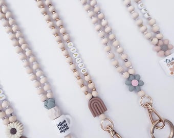 Personalized Boho Teacher Lanyard: Custom Name, Wood Beads and Two Charms
