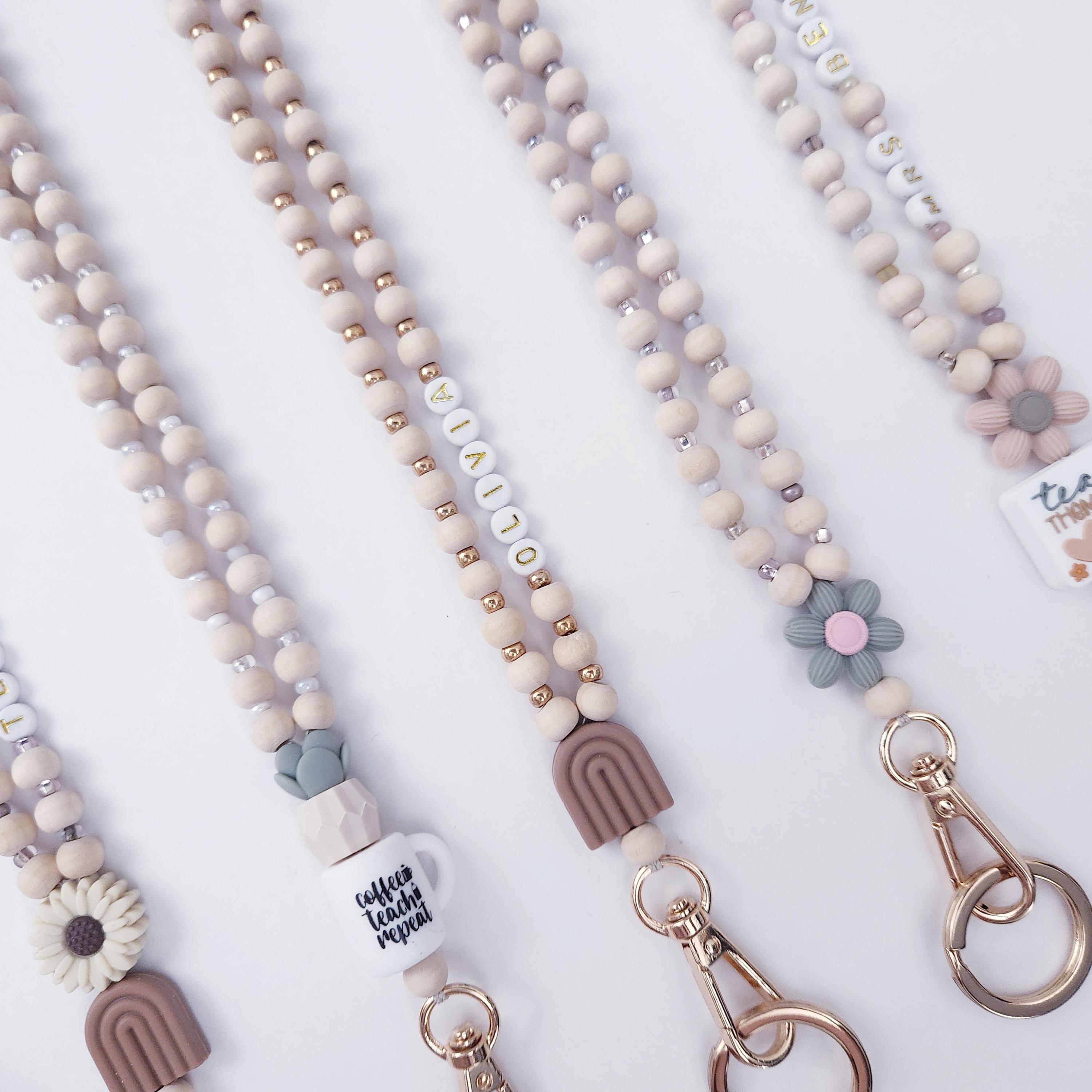 Personalized Boho Teacher Lanyard: Custom Name, Wood Beads and Two Charms