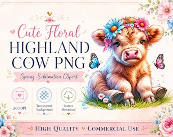 Cute Spring Highland Cow, Sublimation, PNG, Digital Download