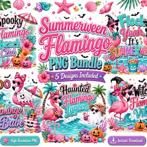 Może przedstawiać: Cyfrowy pakiet graficzny zawierający pięć wzorów różowych flamingów z elementami tropikalnymi i halloweenowymi. Tekst obejmuje Summerween Flamingo PNG Bundle, Spooky Flamingo Beach Club, Flock Yeah, It's Summerween, Boo Flamingo Babe, Haunted Flamingo Lagoon oraz Witchy Flamingo Vibes.